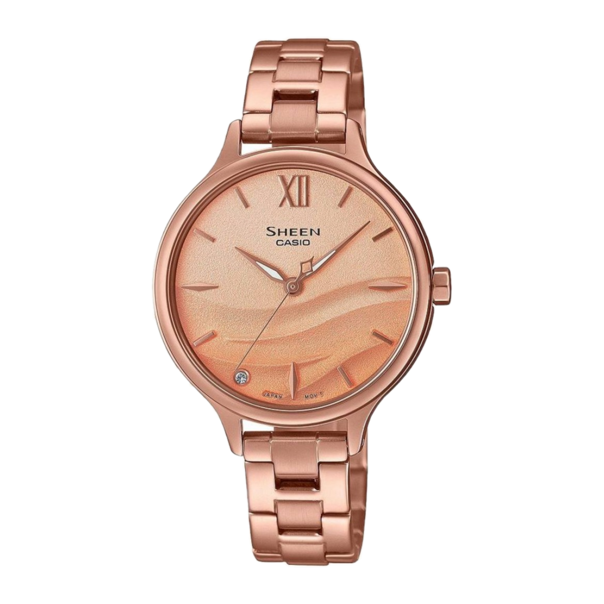 Casio Sheen SHE-4550PG-4AUERе дамски часовник от серията Sheen на Casio, който предлага стилен и елегантен дизайн, с акцент върху модната и женствена визия. Ето някои от характеристиките и особеностите на този конкретен модел