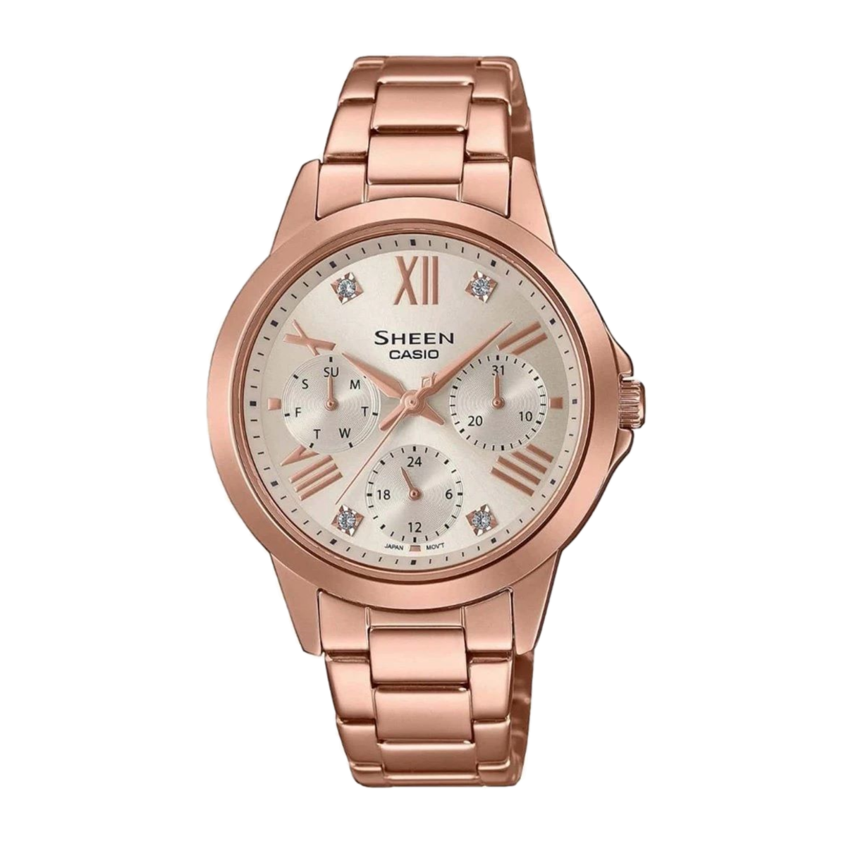 Casio Sheen SHE-3516PG-9AUEF е дамски часовник от серията Sheen на Casio, който предлага стилен и елегантен дизайн, с акцент върху модната и женствена визия. Ето някои от характеристиките и особеностите на този конкретен модел