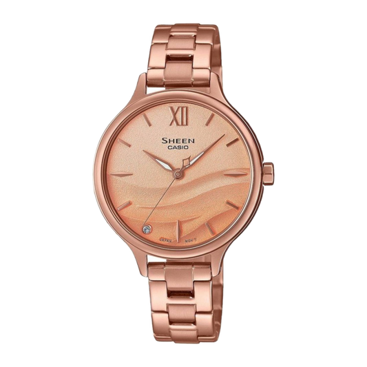 Casio Sheen SHE-4550PG-4AUERе дамски часовник от серията Sheen на Casio, който предлага стилен и елегантен дизайн, с акцент върху модната и женствена визия. Ето някои от характеристиките и особеностите на този конкретен модел