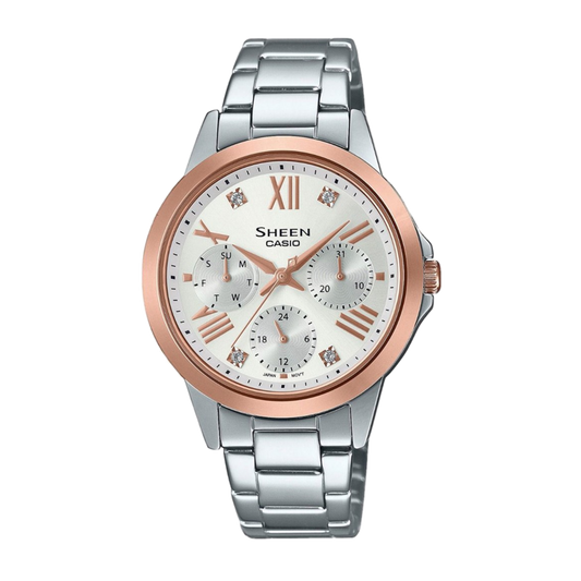 Casio Sheen SHE-3516SG-7AUEF е дамски часовник от серията Sheen на Casio, който предлага стилен и елегантен дизайн, с акцент върху модната и женствена визия. Ето някои от характеристиките и особеностите на този конкретен модел: